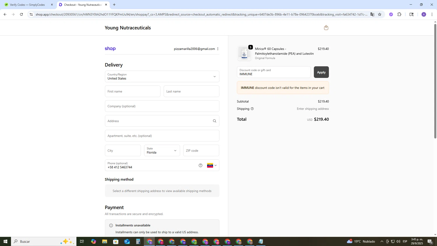 Young Nutraceuticals promo code screenshot showing code IMMUNE applied at Young Nutraceuticals checkout page. Uploaded by SimplyCodes community member SAKURA on Sep 29, 2025
