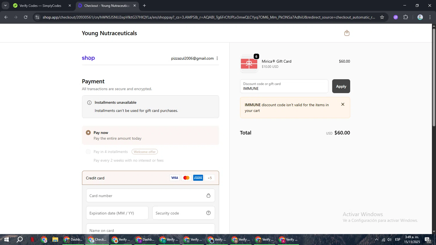 Young Nutraceuticals promo code screenshot showing code IMMUNE applied at Young Nutraceuticals checkout page. Uploaded by SimplyCodes community member ShrewdSeeker6165 on Nov 15, 2025
