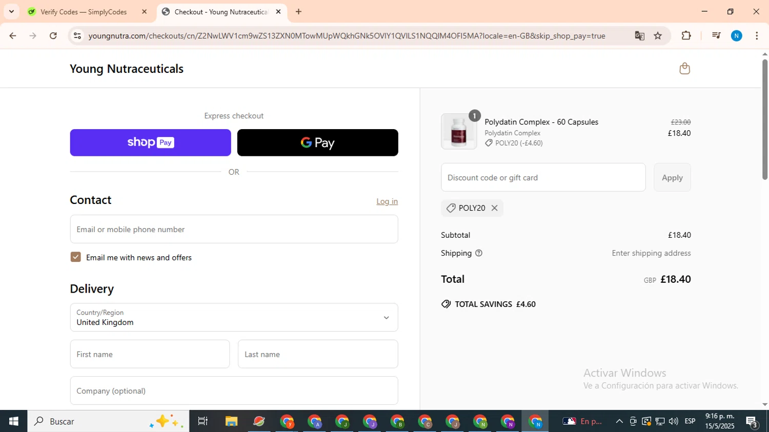 Young Nutraceuticals promo code screenshot showing code POLY20 applied at Young Nutraceuticals checkout page. Uploaded by SimplyCodes community member CoinHawk678 on May 16, 2025