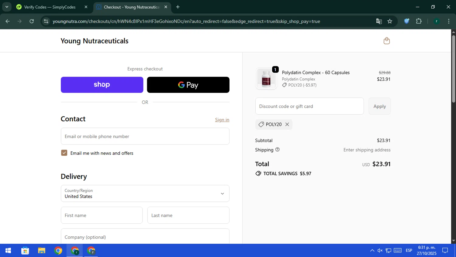 Young Nutraceuticals promo code screenshot showing code POLY20 applied at Young Nutraceuticals checkout page. Uploaded by SimplyCodes community member rodri1 on Oct 27, 2025