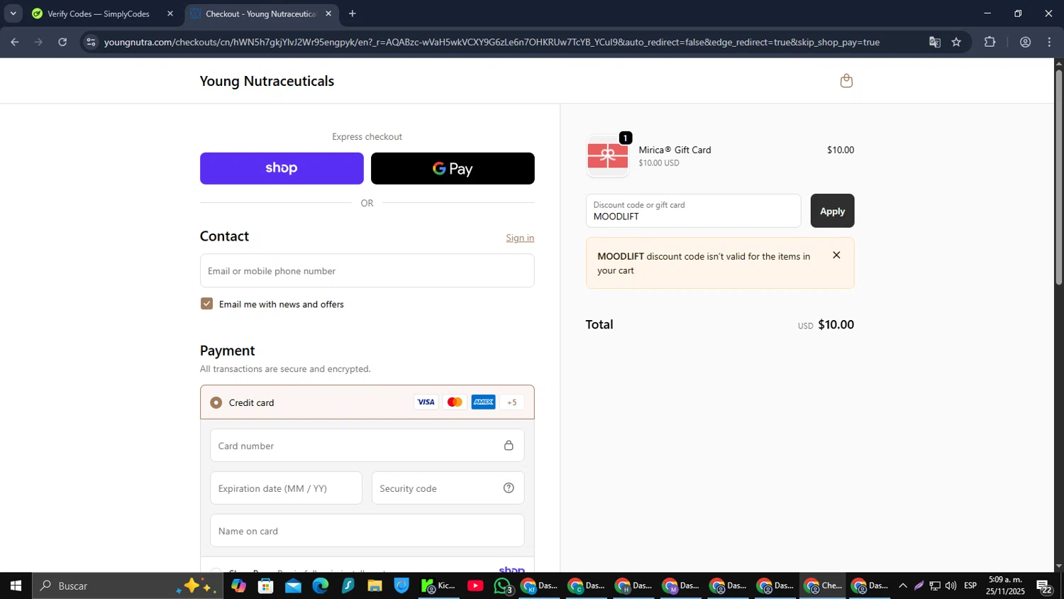 Young Nutraceuticals promo code screenshot showing code MOODLIFT applied at Young Nutraceuticals checkout page. Uploaded by SimplyCodes community member RebateCaptain6440 on Nov 25, 2025