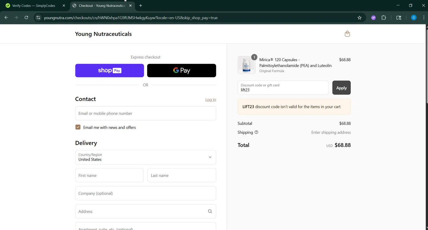 Young Nutraceuticals promo code screenshot showing code lift23 applied at Young Nutraceuticals checkout page. Uploaded by SimplyCodes community member _____________ on Jul 23, 2025