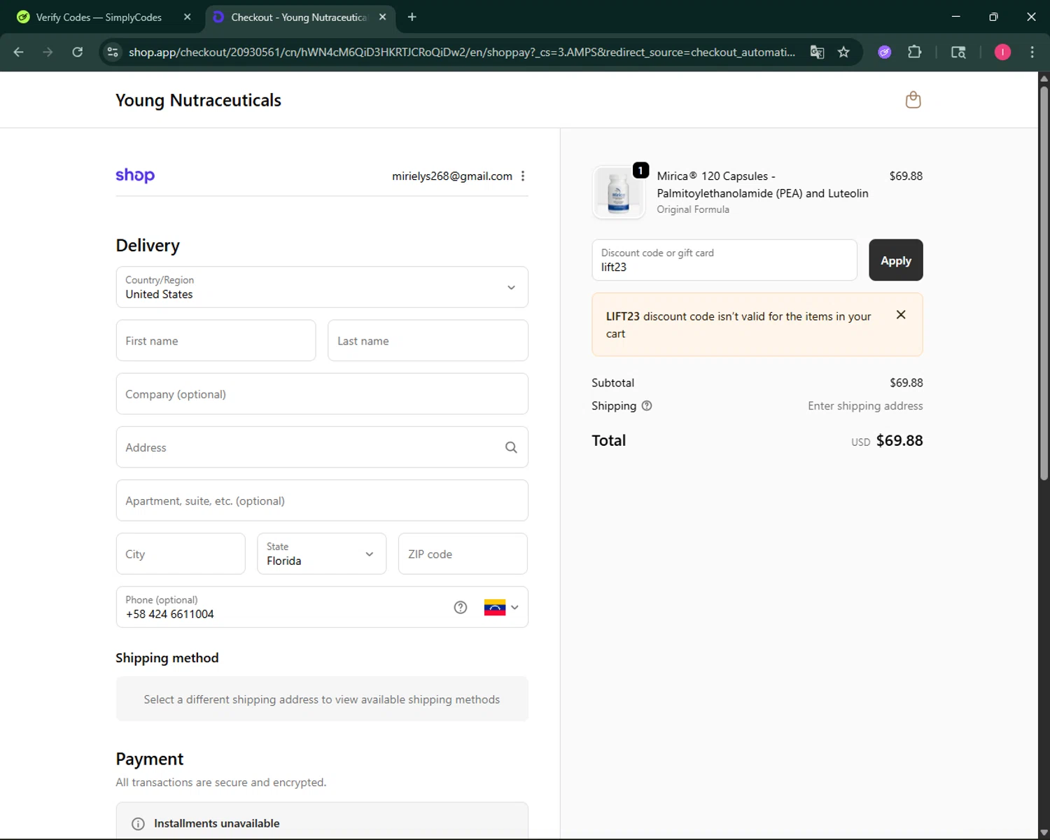 Young Nutraceuticals promo code screenshot showing code lift23 applied at Young Nutraceuticals checkout page. Uploaded by SimplyCodes community member BargainSeeker9964 on Oct 28, 2025