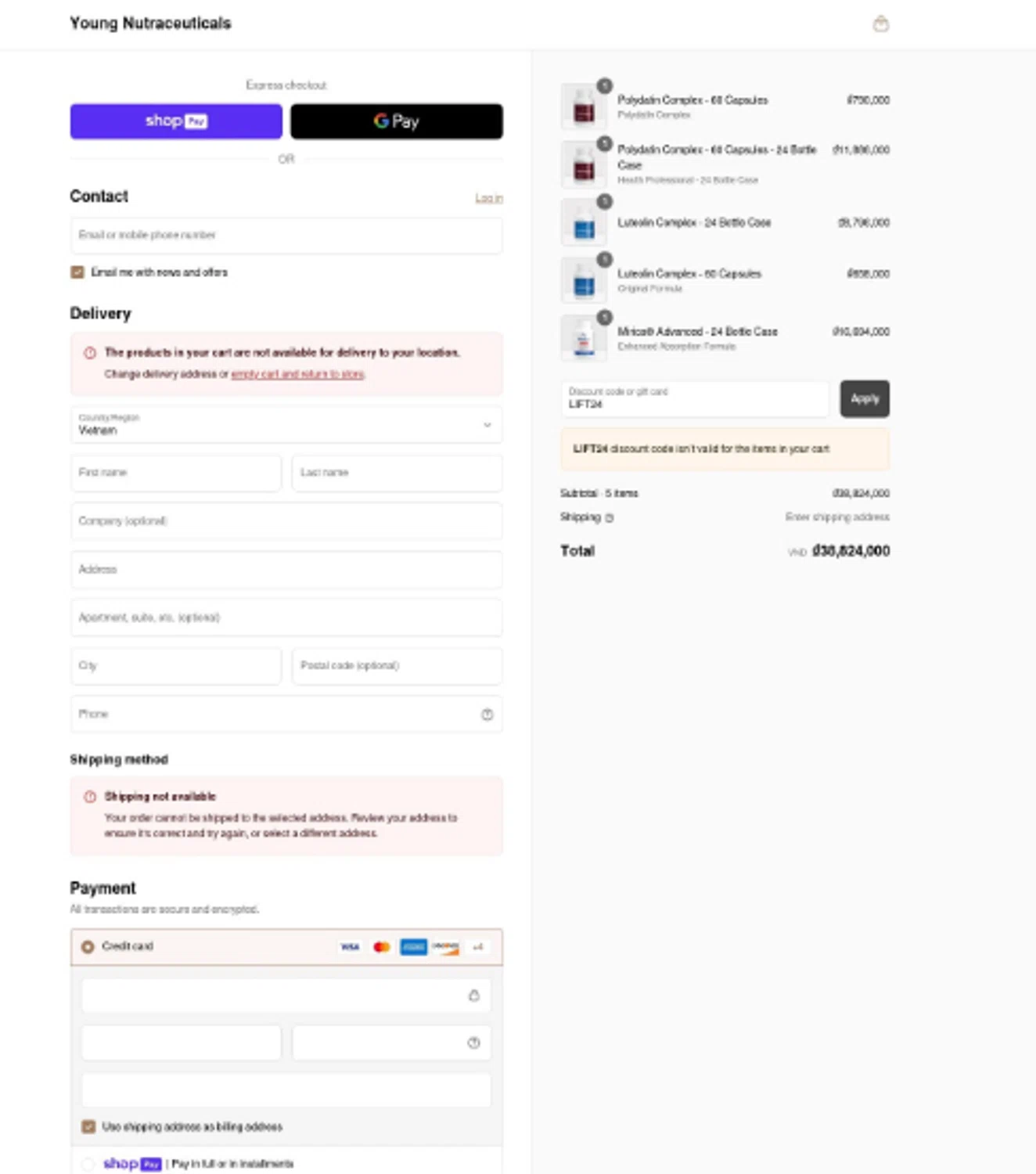 Young Nutraceuticals promo code screenshot showing code LIFT24 applied at Young Nutraceuticals checkout page. Uploaded by SimplyCodes community member Frionel_Pessi on May 6, 2025