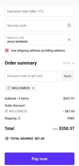 welcome20 coupon verification screenshot