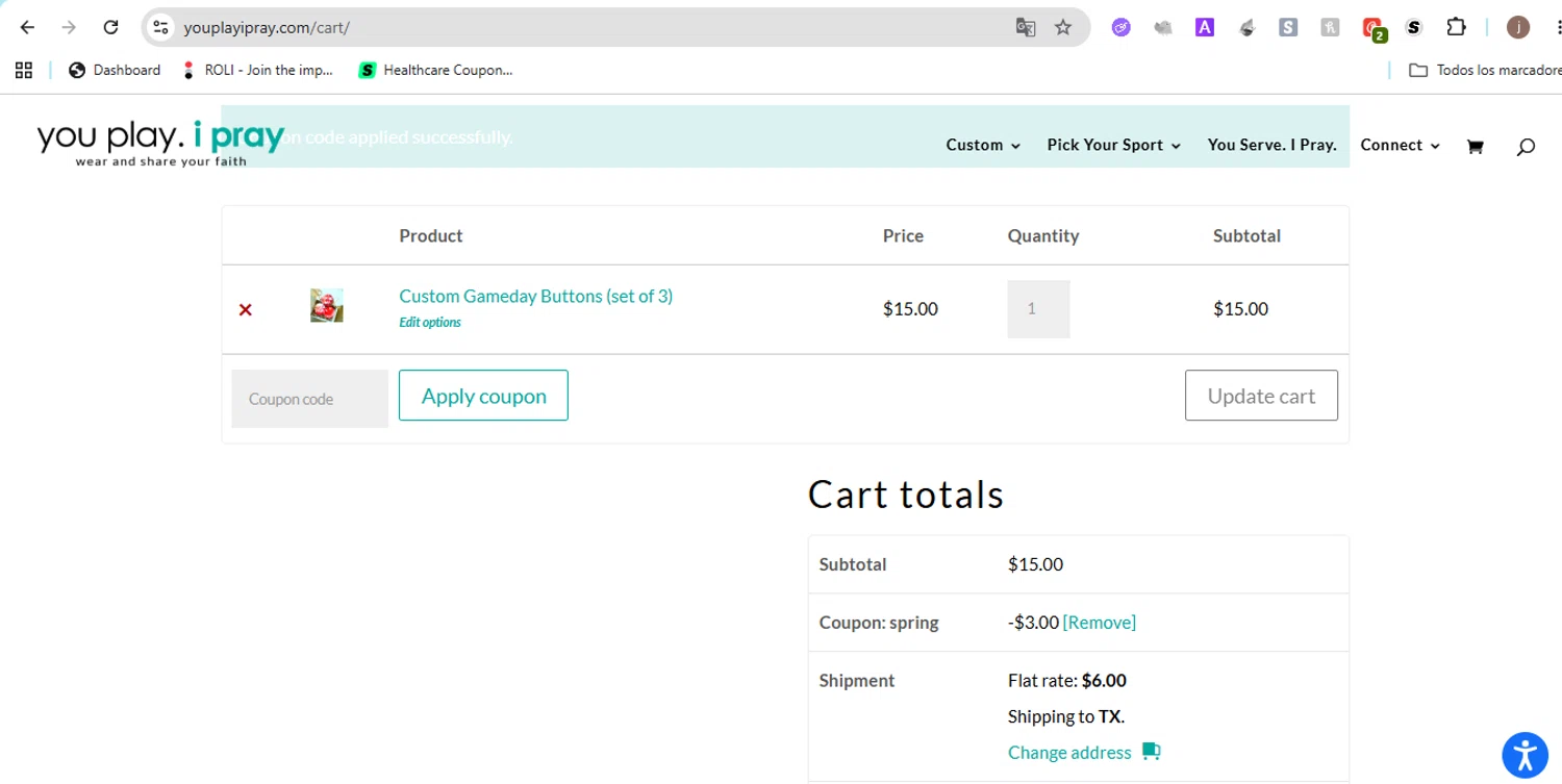 You Play. I Pray. promo code screenshot showing code SPRING applied at You Play. I Pray. checkout page. Uploaded by SimplyCodes community member Jose29 on May 18, 2026