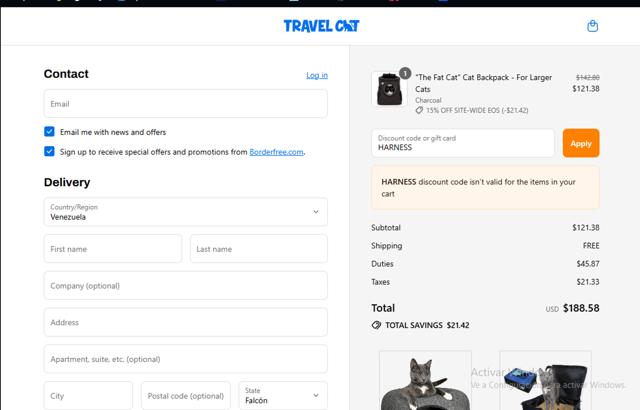 Your Cat Backpack checkout page showing Your Cat Backpack discount code box | Screenshot taken by SimplyCodes community member on Aug 30, 2025