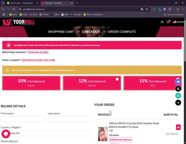 YOURDOLL checkout page showing YOURDOLL coupon code box | Screenshot taken by SimplyCodes community member on Jun 3, 2025