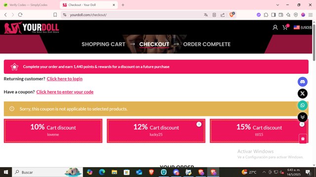 YOURDOLL checkout page showing YOURDOLL coupon code box | Screenshot taken by SimplyCodes community member on May 14, 2025