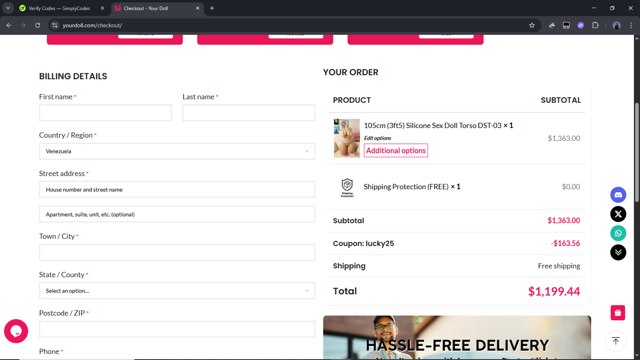 YOURDOLL checkout page showing YOURDOLL coupon code box | Screenshot taken by SimplyCodes community member on Jul 11, 2025