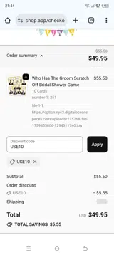USE10 coupon verification screenshot