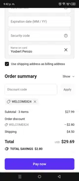WELCOME824 coupon verification screenshot