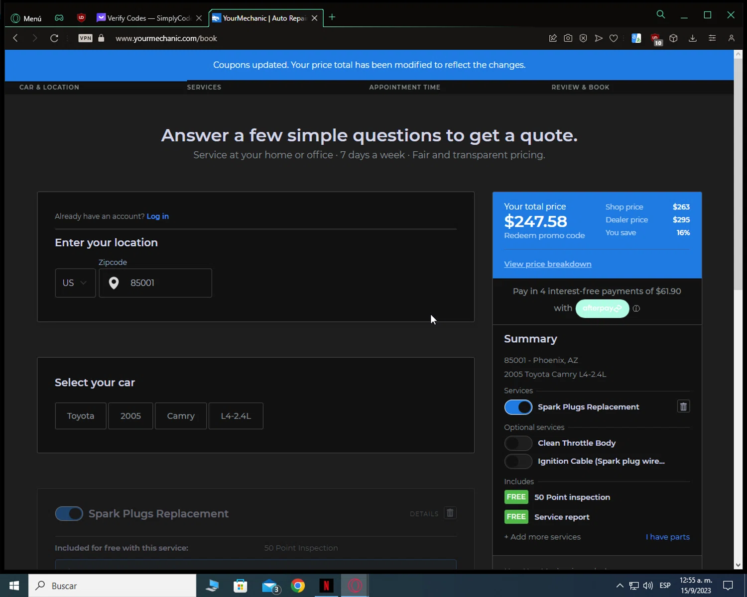 where to use Your Mechanic promo code box
