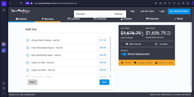 YourMechanic.com checkout page showing YourMechanic.com coupon code box | Screenshot taken by SimplyCodes community member on Feb 14, 2025
