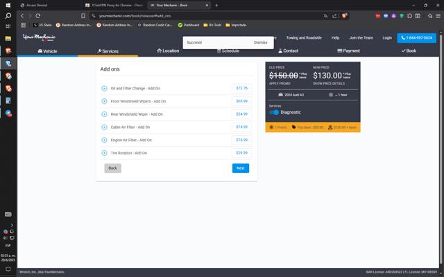 YourMechanic.com checkout page showing YourMechanic.com coupon code box | Screenshot taken by SimplyCodes community member on Jun 29, 2025
