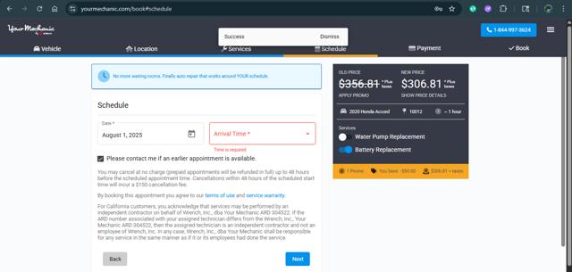 YourMechanic.com checkout page showing YourMechanic.com coupon code box | Screenshot taken by SimplyCodes community member on Jul 28, 2025