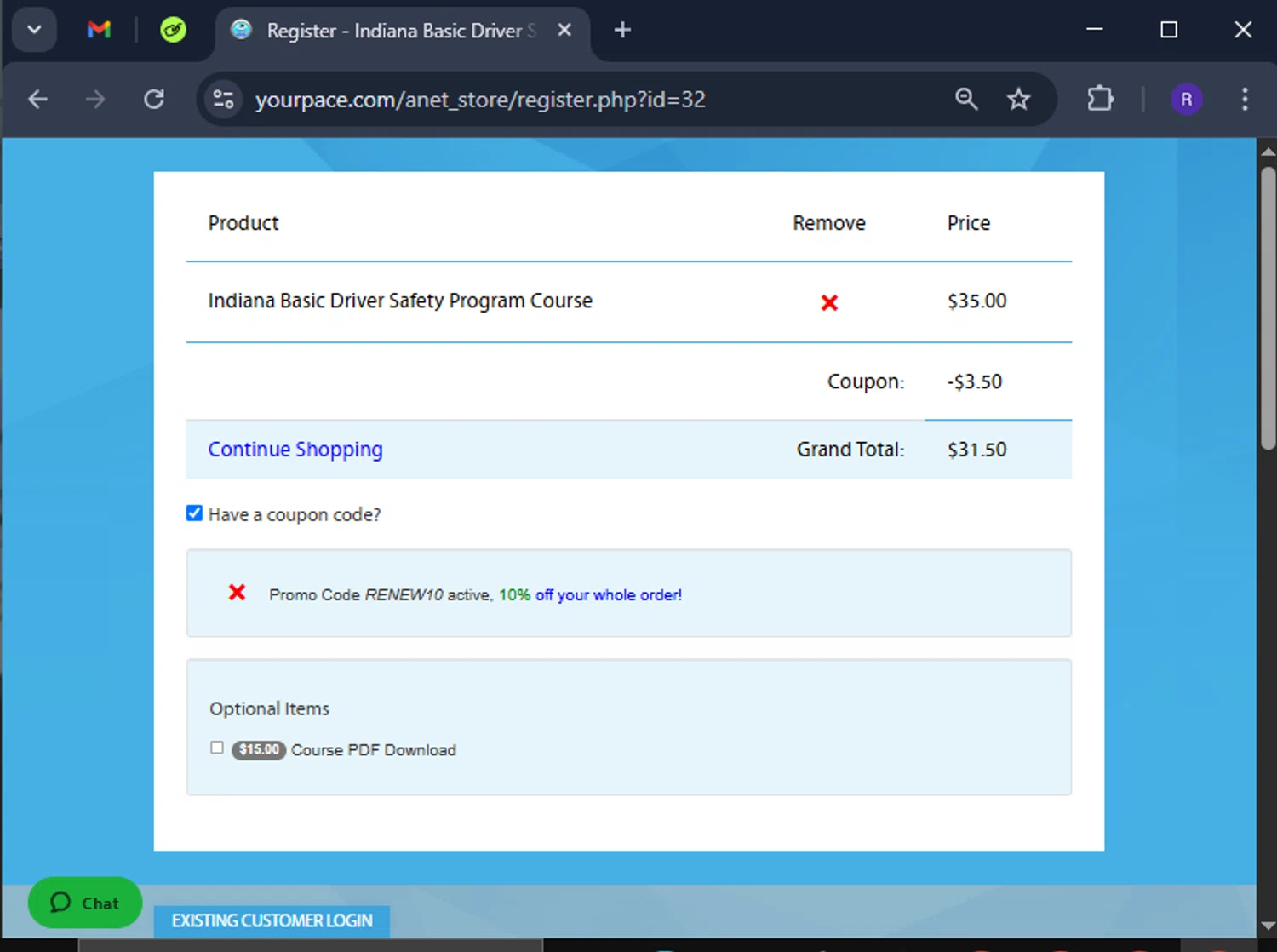 YourPace.com promo code screenshot showing code RENEW10 applied at YourPace.com checkout page. Uploaded by SimplyCodes community member CashCollector4199 on Apr 14, 2025