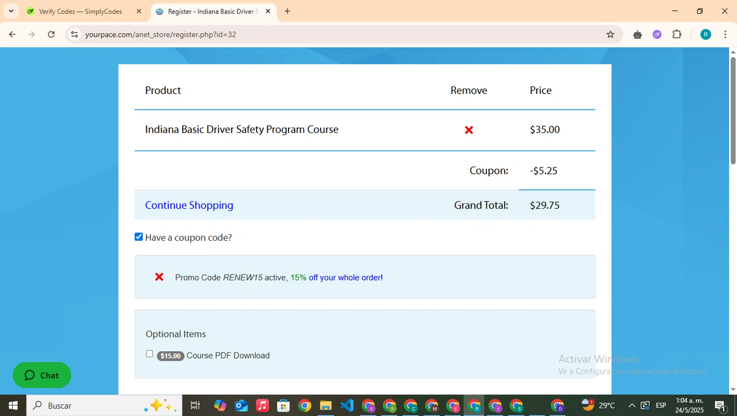 YourPace.com checkout page showing YourPace.com promo code box | Screenshot taken by SimplyCodes community member on May 24, 2025