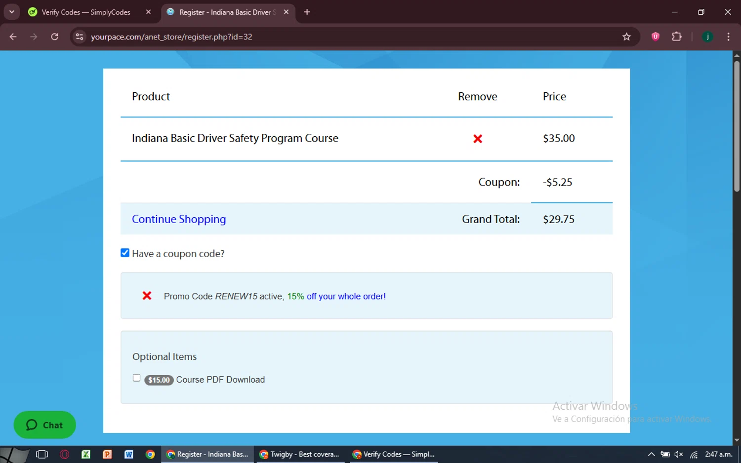YourPace.com promo code screenshot showing code RENEW15 applied at YourPace.com checkout page. Uploaded by SimplyCodes community member MoneySpotter5416 on Jun 28, 2025