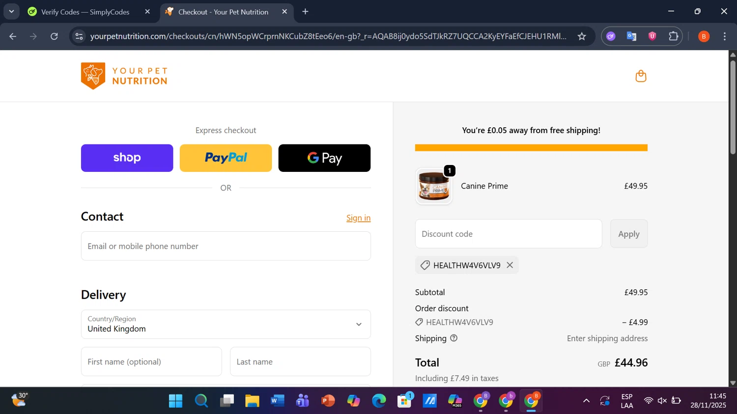 Your Pet Nutrition discount code screenshot showing code HEALTHW4V6VLV9 applied at Your Pet Nutrition checkout page. Uploaded by SimplyCodes community member PrimeShopper9739 on Nov 28, 2025
