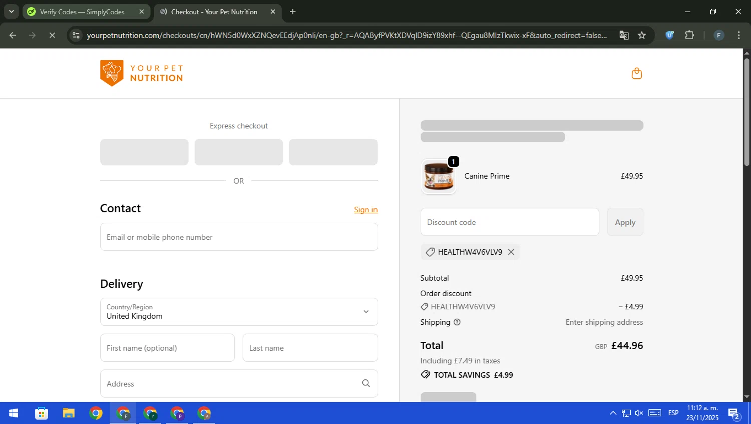 Your Pet Nutrition discount code screenshot showing code HEALTHW4V6VLV9 applied at Your Pet Nutrition checkout page. Uploaded by SimplyCodes community member pajarito on Nov 23, 2025