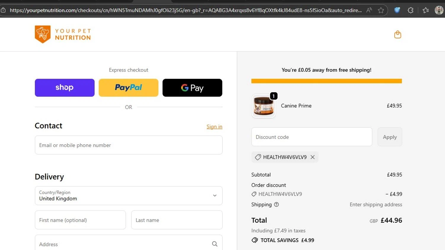 Your Pet Nutrition discount code screenshot showing code HEALTHW4V6VLV9 applied at Your Pet Nutrition checkout page. Uploaded by SimplyCodes community member HonestVzla on Nov 19, 2025