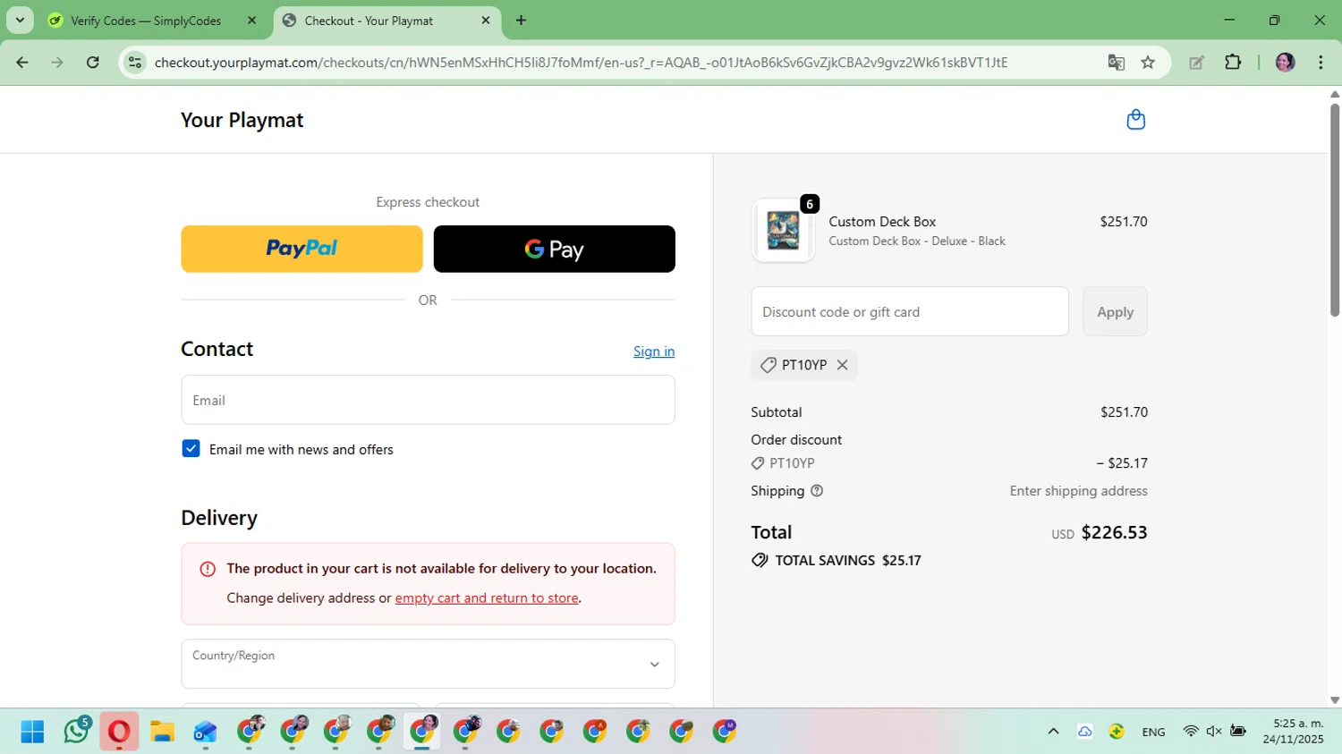 YourPlaymat discount code screenshot showing code PT10YP applied at YourPlaymat checkout page. Uploaded by SimplyCodes community member Mari_perez on Nov 24, 2025