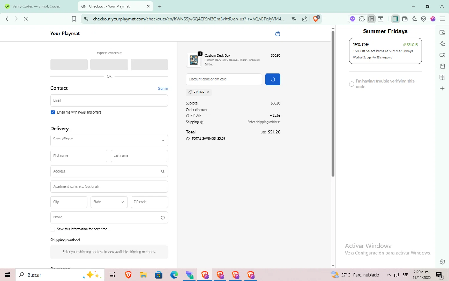 YourPlaymat discount code screenshot showing code PT10YP applied at YourPlaymat checkout page. Uploaded by SimplyCodes community member Puta_madre10 on Nov 19, 2025
