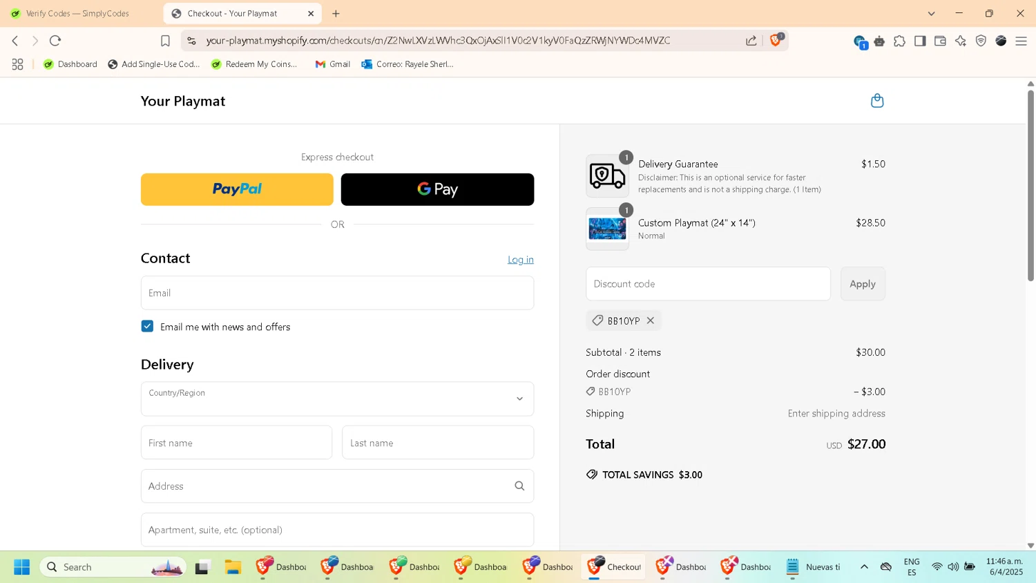 YourPlaymat discount code screenshot showing code BB10YP applied at YourPlaymat checkout page. Uploaded by SimplyCodes community member ExtraordinaryExpert892 on Apr 6, 2025