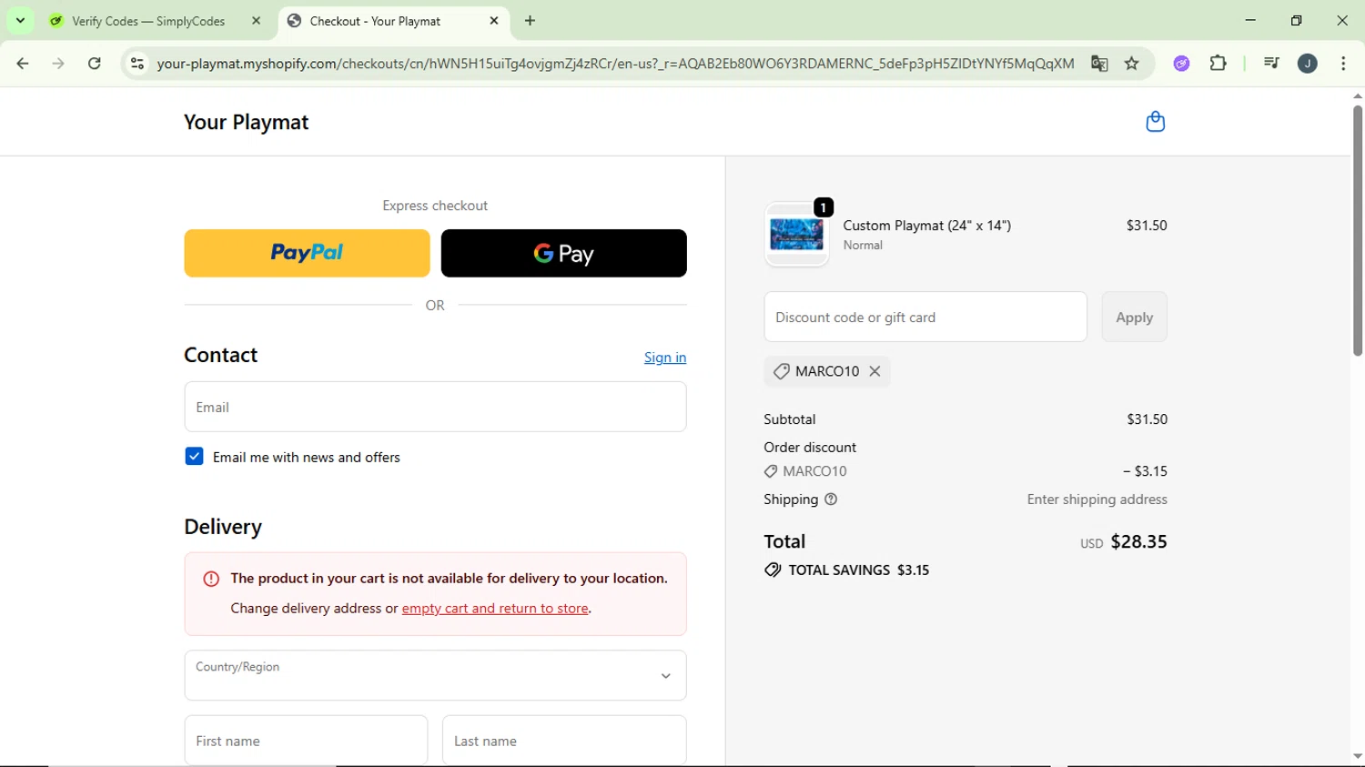 YourPlaymat discount code screenshot showing code MARCO10 applied at YourPlaymat checkout page. Uploaded by SimplyCodes community member GloriousCollector9930 on Nov 14, 2025
