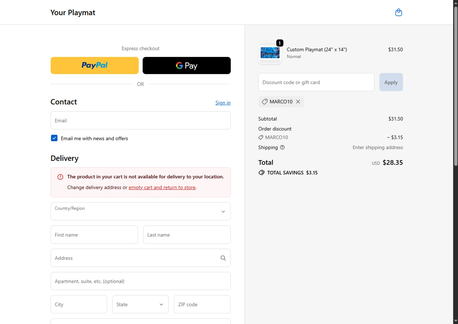 YourPlaymat discount code screenshot showing code MARCO10 applied at YourPlaymat checkout page. Uploaded by SimplyCodes community member VoucherFinder3467 on Jan 22, 2026