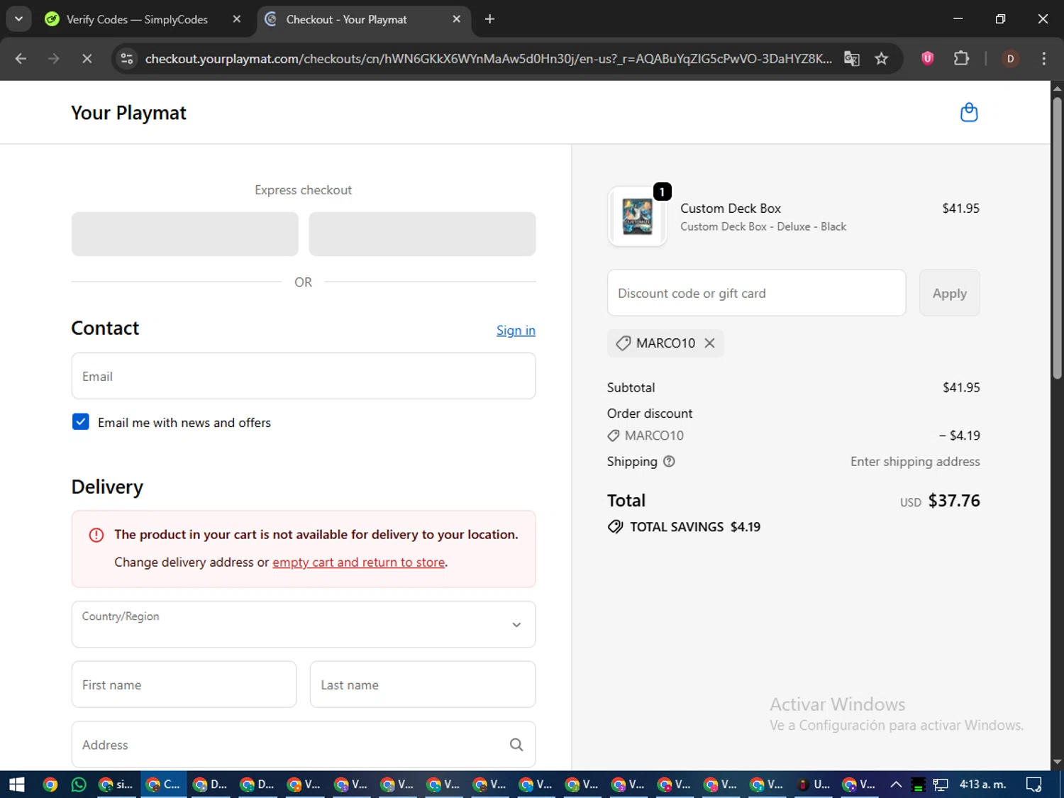 YourPlaymat discount code screenshot showing code MARCO10 applied at YourPlaymat checkout page. Uploaded by SimplyCodes community member liltecca on Dec 10, 2025