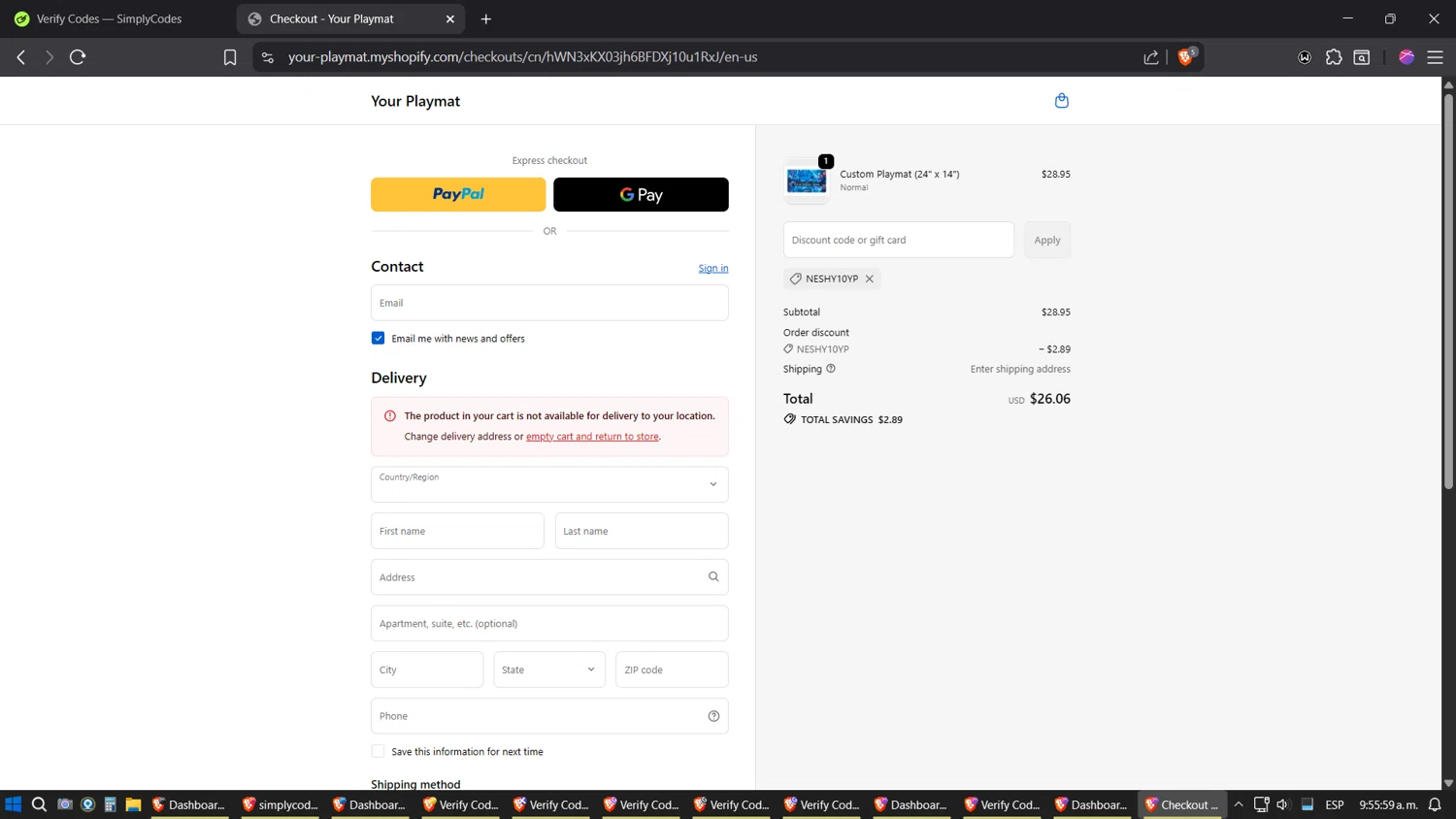 YourPlaymat discount code screenshot showing code NESHY10YP applied at YourPlaymat checkout page. Uploaded by SimplyCodes community member JhonatanGomez on Oct 10, 2025