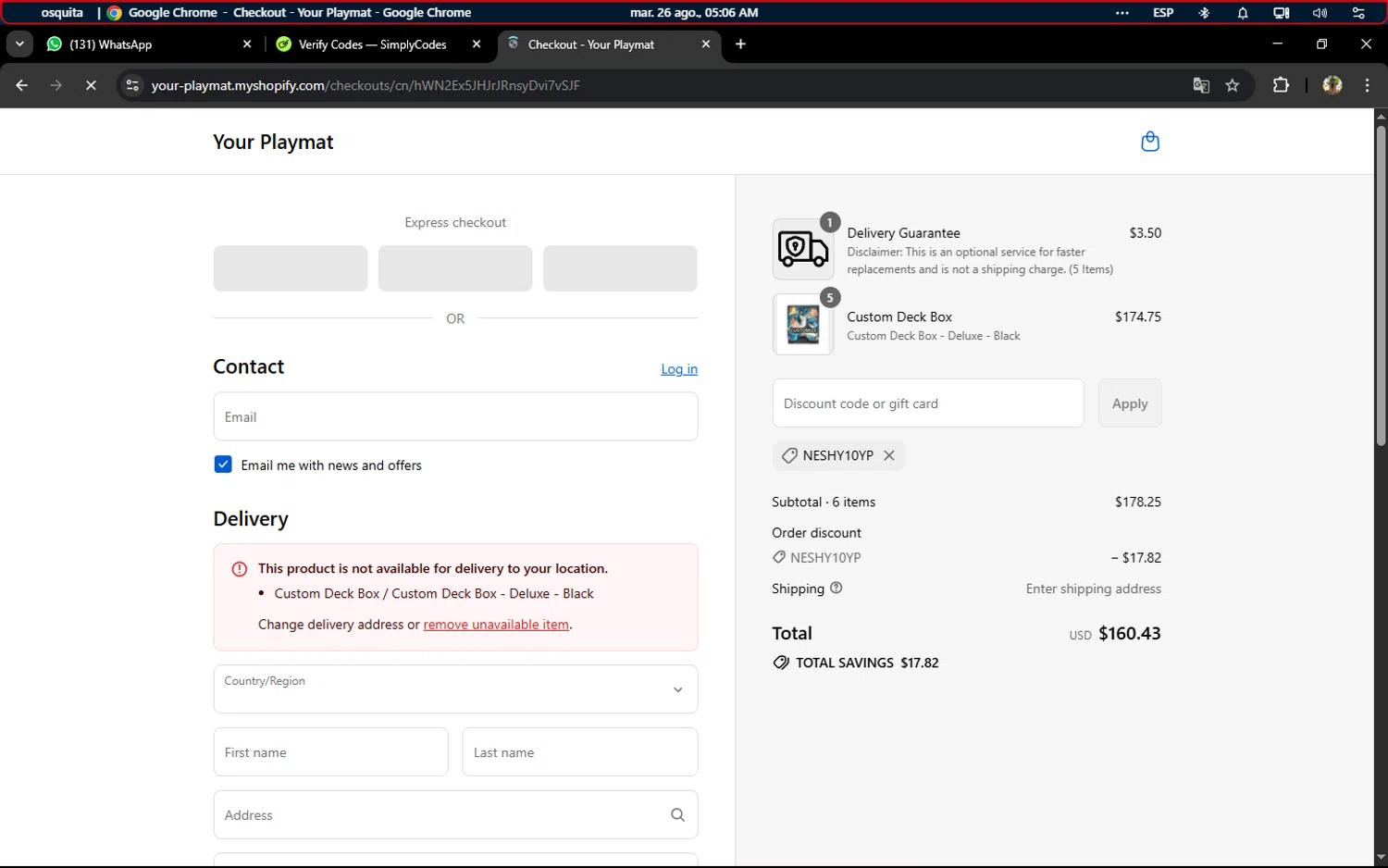 YourPlaymat discount code screenshot showing code NESHY10YP applied at YourPlaymat checkout page. Uploaded by SimplyCodes community member ELVERDEDESAMP on Aug 26, 2025