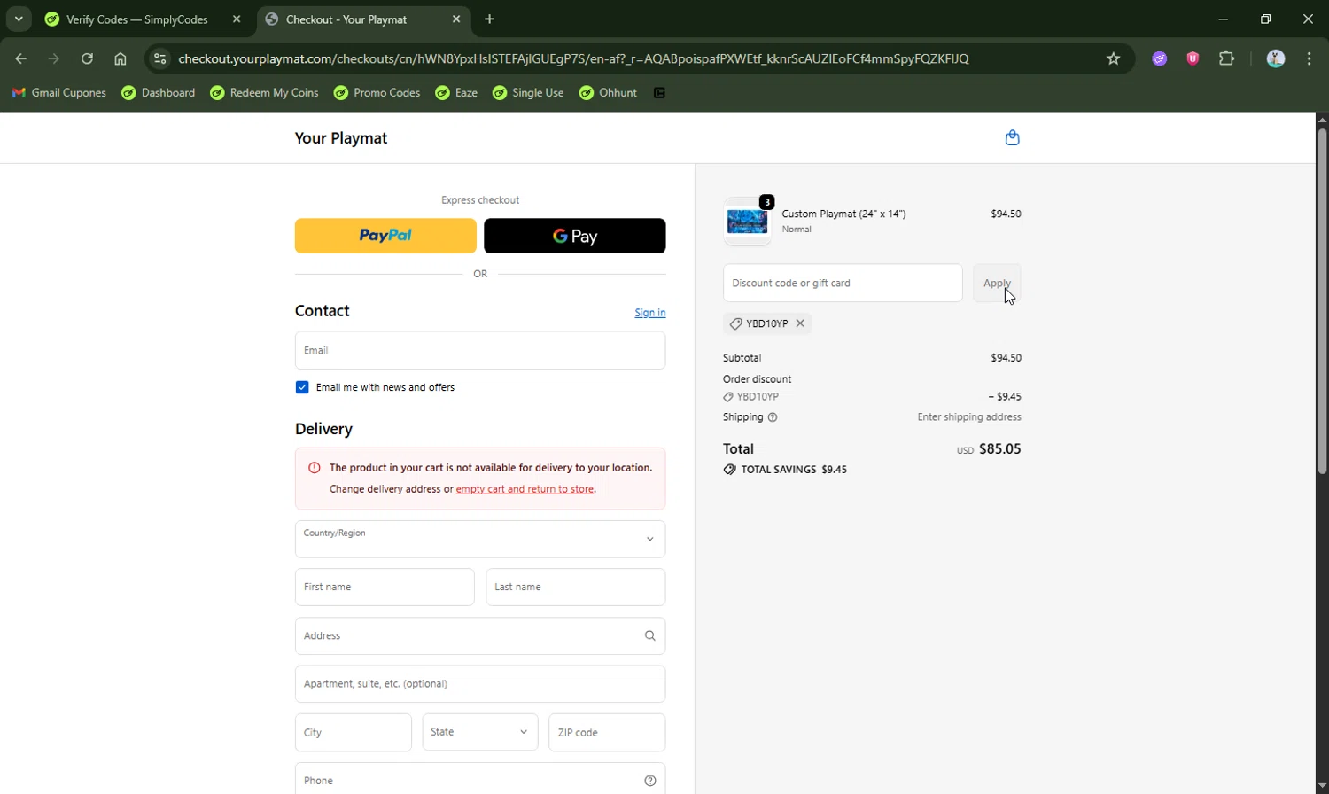 YourPlaymat discount code screenshot showing code YBD10YP applied at YourPlaymat checkout page. Uploaded by SimplyCodes community member LHaunter2 on Feb 8, 2026