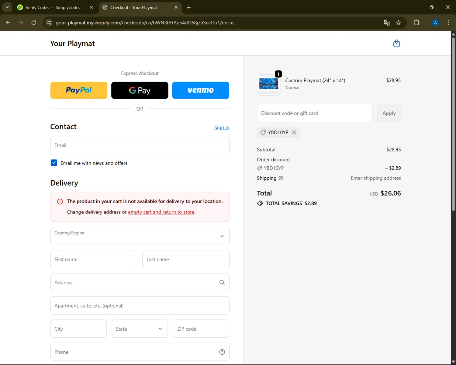 YourPlaymat discount code screenshot showing code YBD10YP applied at YourPlaymat checkout page. Uploaded by SimplyCodes community member ShrewdMaestro6940 on Oct 2, 2025