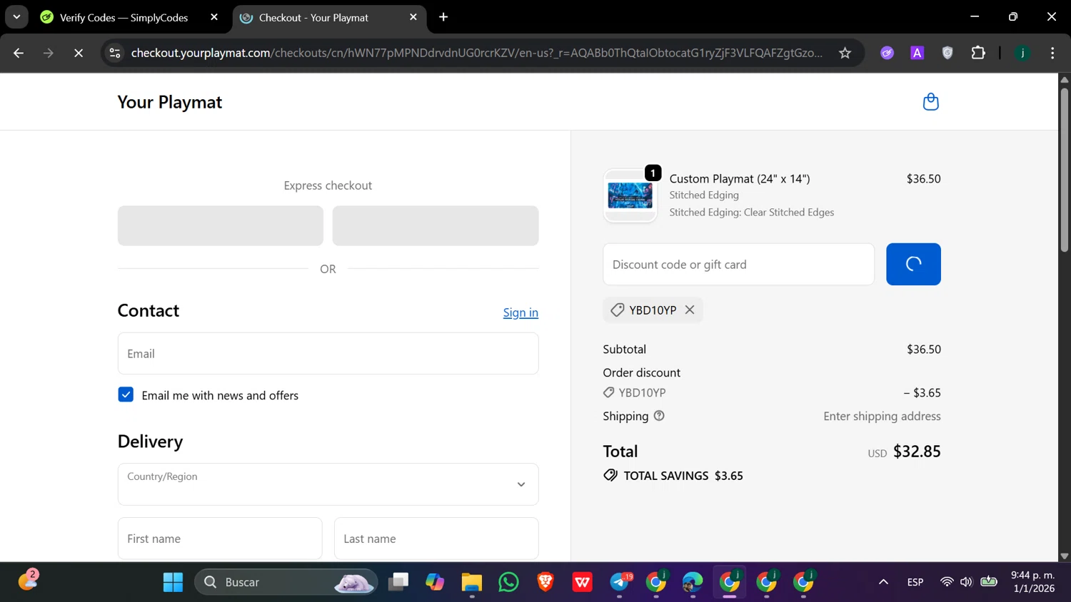 YourPlaymat discount code screenshot showing code YBD10YP applied at YourPlaymat checkout page. Uploaded by SimplyCodes community member hanzell2 on Jan 2, 2026