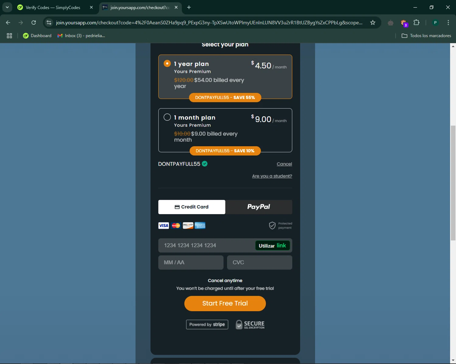 Yours App checkout page showing Yours App discount code box | Screenshot taken by SimplyCodes community member on Nov 16, 2024