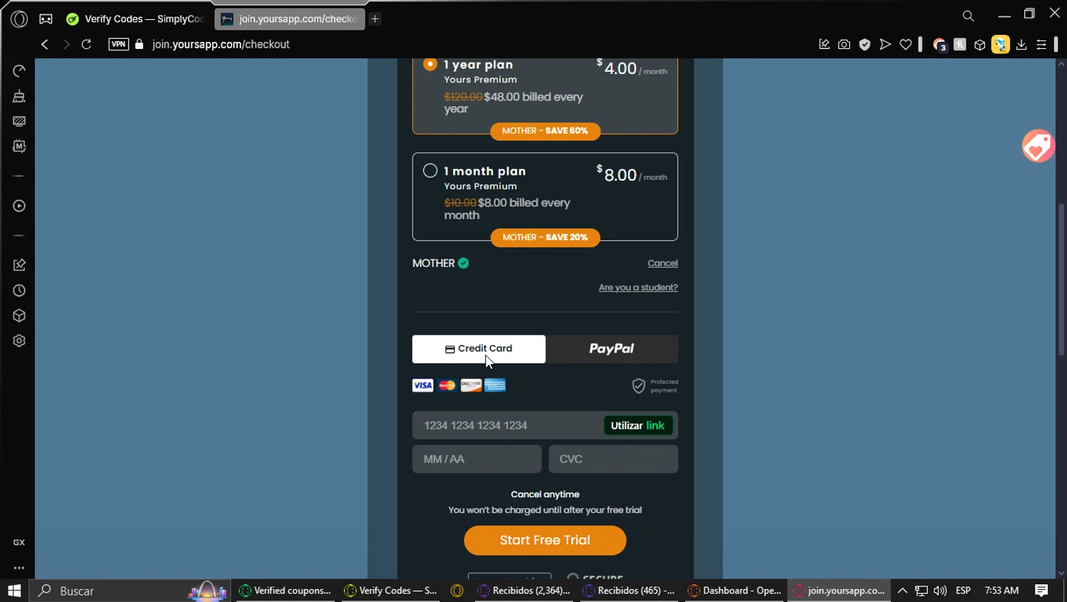 Yours App checkout page showing Yours App discount code box | Screenshot taken by SimplyCodes community member on Feb 23, 2025