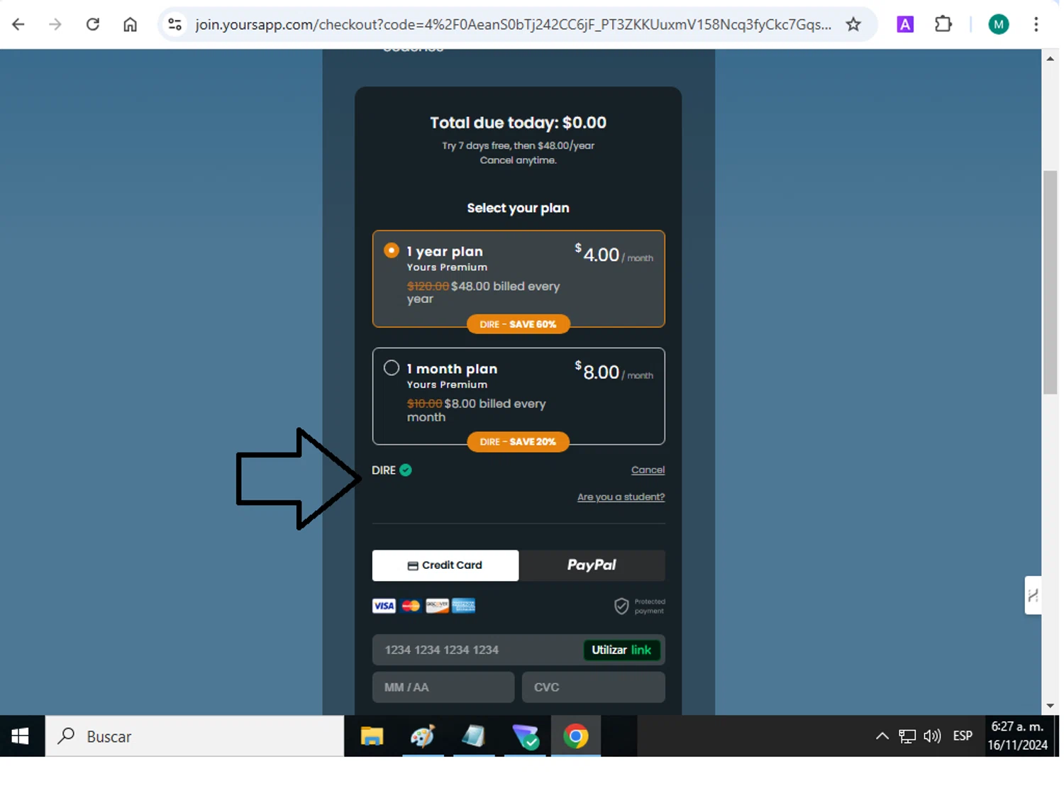 Yours App checkout page showing Yours App discount code box | Screenshot taken by SimplyCodes community member on Nov 16, 2024