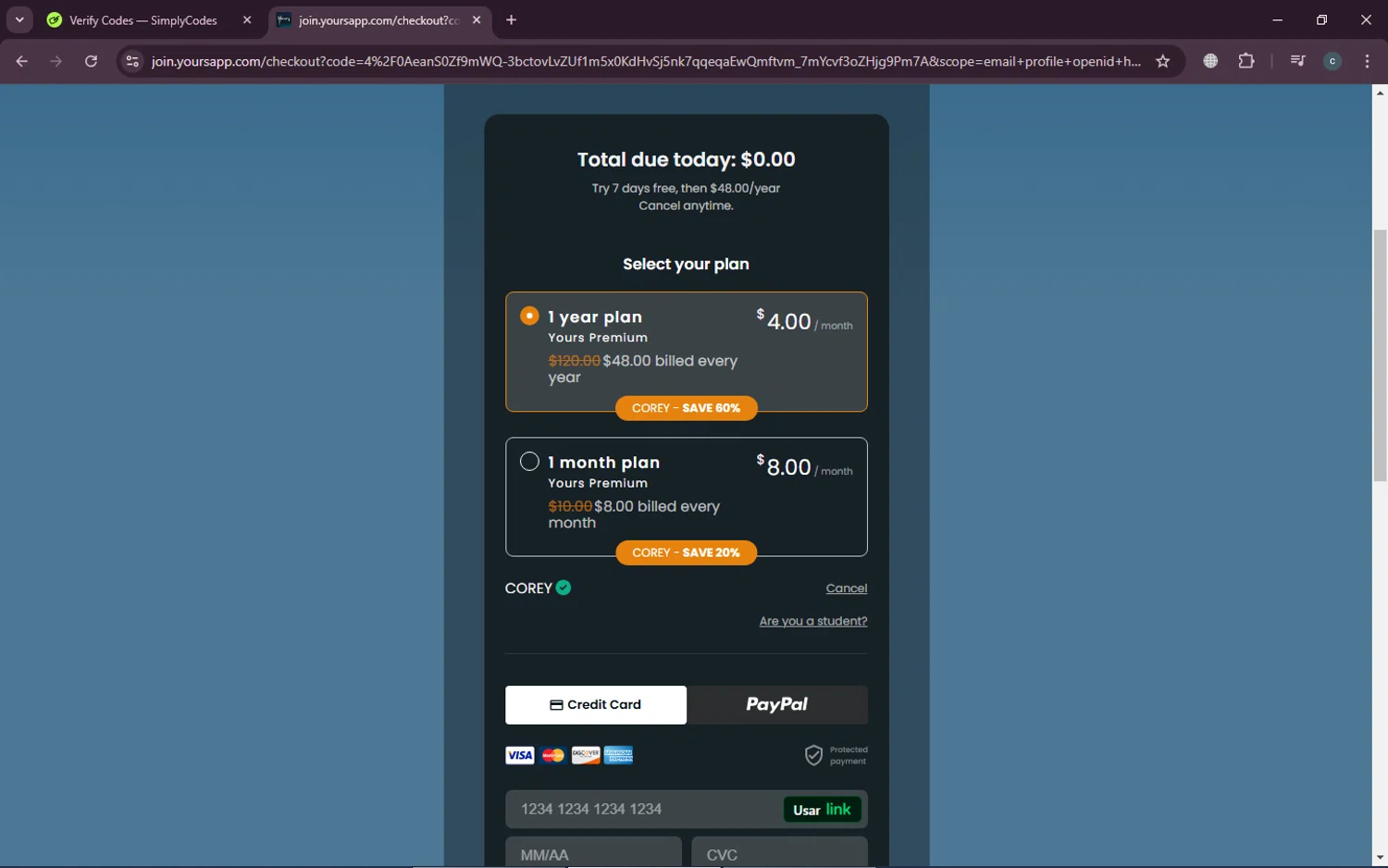 Yours App checkout page showing Yours App discount code box | Screenshot taken by SimplyCodes community member on Dec 9, 2024
