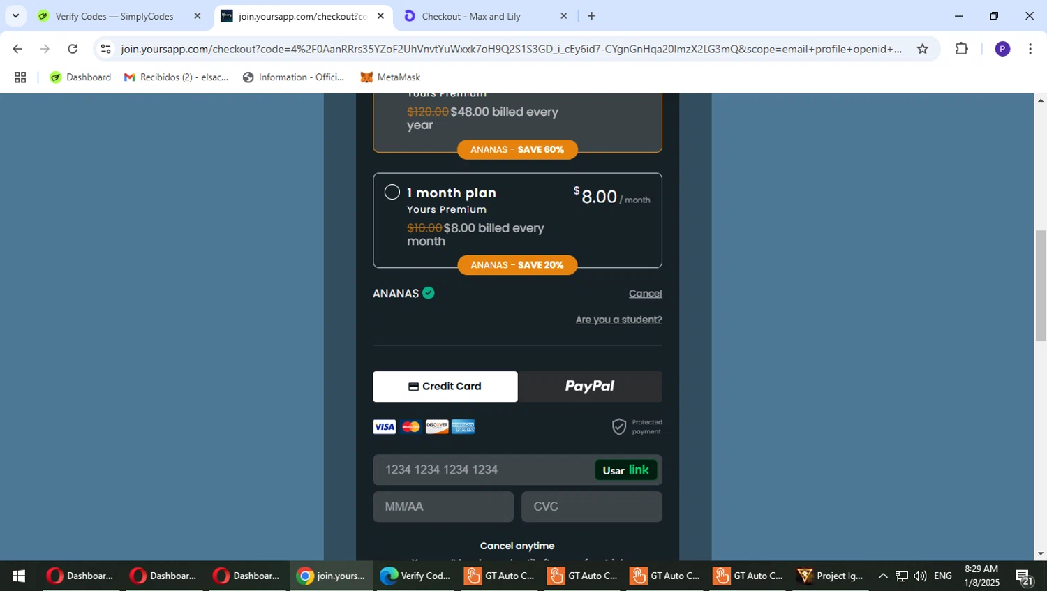 Yours App checkout page showing Yours App discount code box | Screenshot taken by SimplyCodes community member on Jan 8, 2025