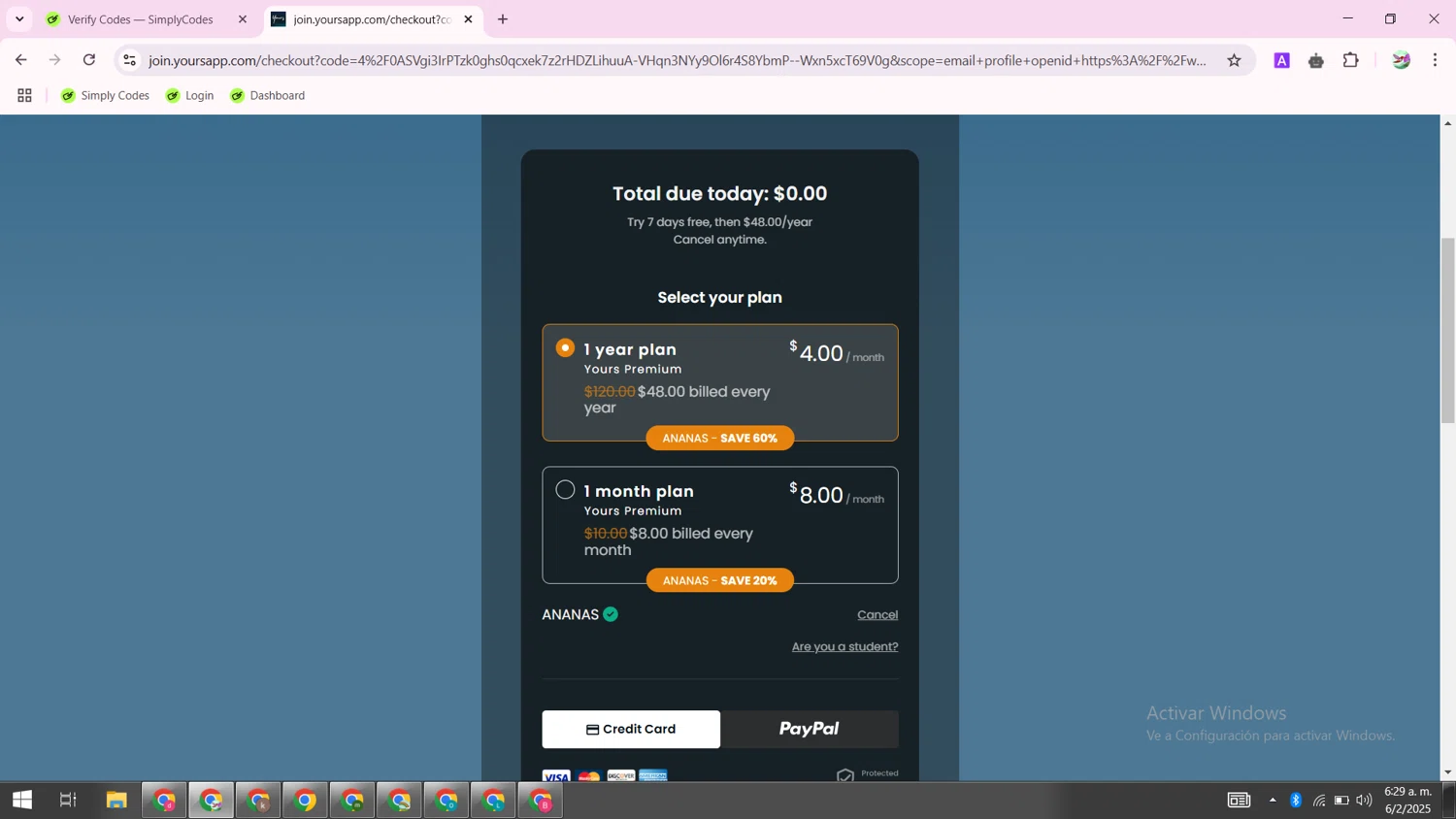 Yours App checkout page showing Yours App discount code box | Screenshot taken by SimplyCodes community member on Feb 6, 2025