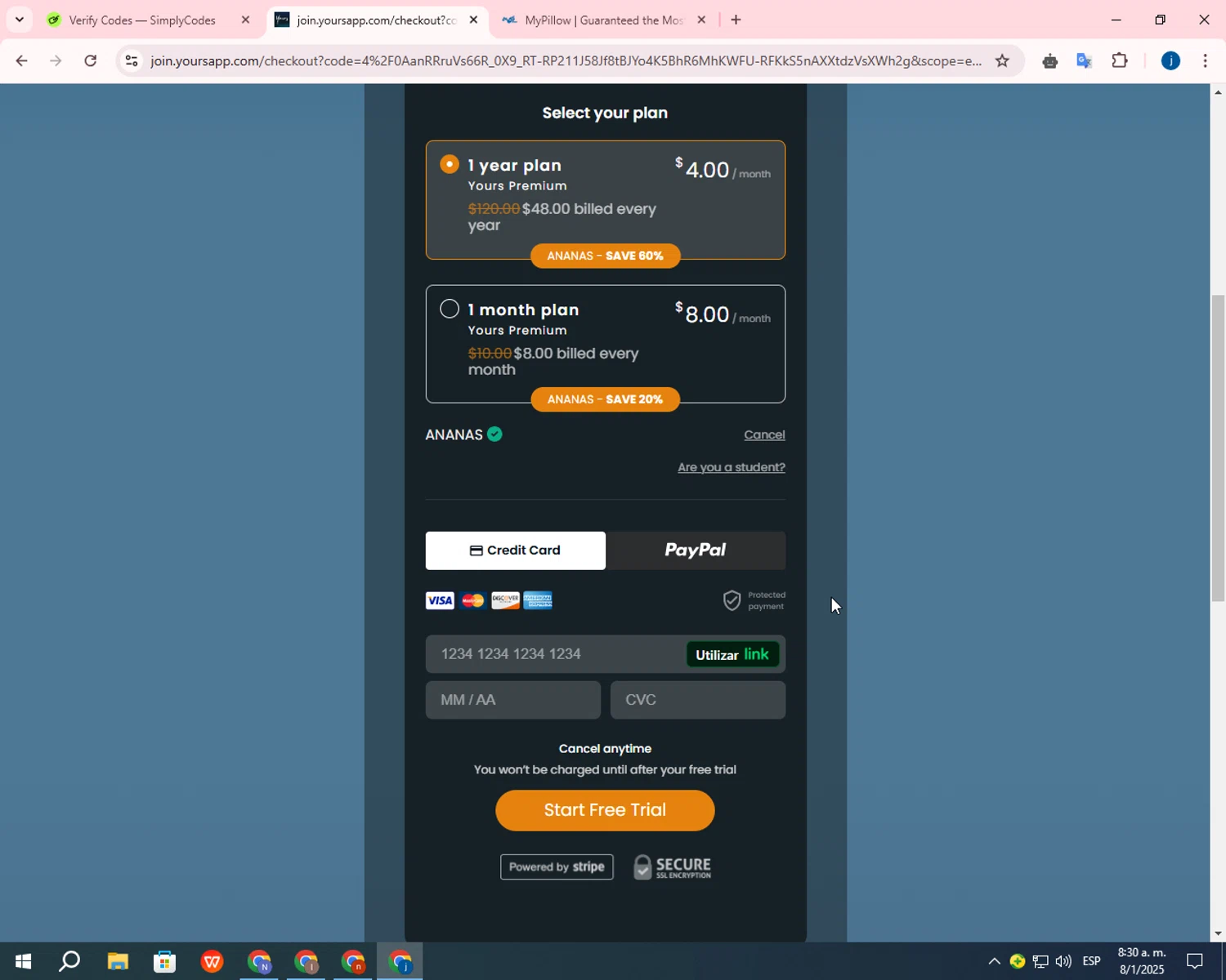 Yours App checkout page showing Yours App discount code box | Screenshot taken by SimplyCodes community member on Jan 8, 2025