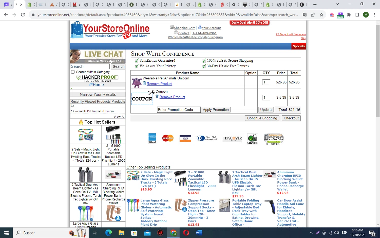 Your Store Online checkout page showing Your Store Online promo code box | Screenshot taken by SimplyCodes community member on Oct 30, 2023