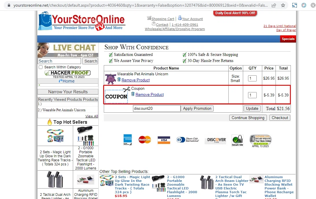 Your Store Online checkout page showing Your Store Online promo code box | Screenshot taken by SimplyCodes community member on Apr 13, 2023