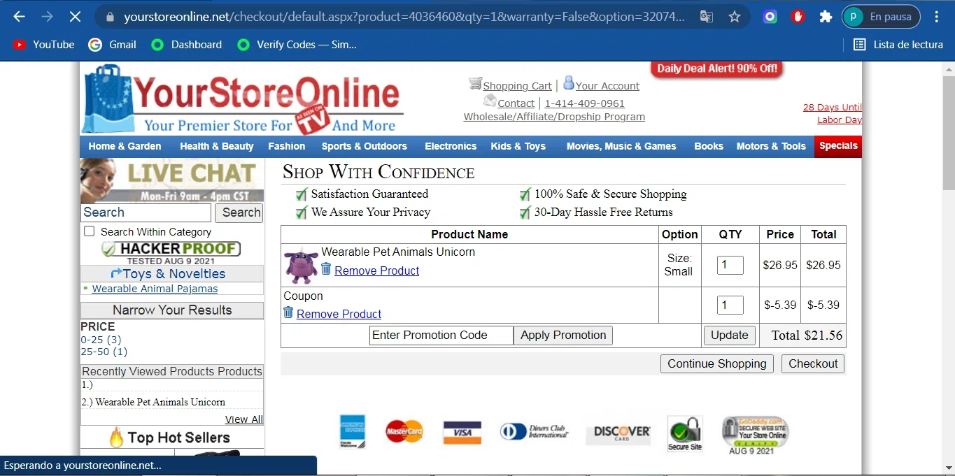 Your Store Online checkout page showing Your Store Online promo code box | Screenshot taken by SimplyCodes community member on Aug 9, 2021