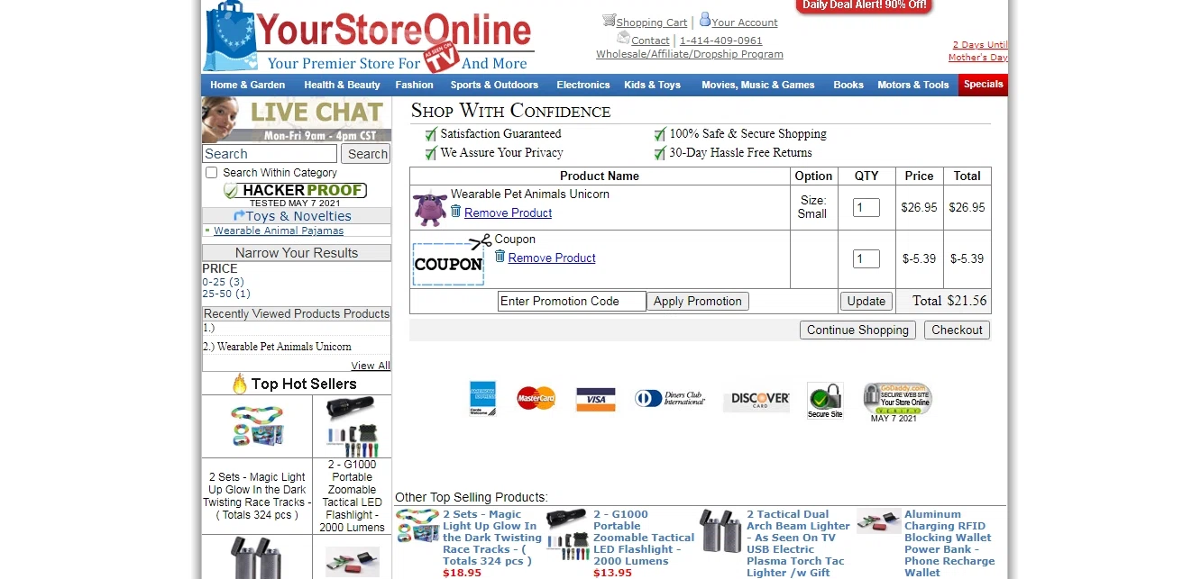 Your Store Online checkout page showing Your Store Online promo code box | Screenshot taken by SimplyCodes community member on May 7, 2021