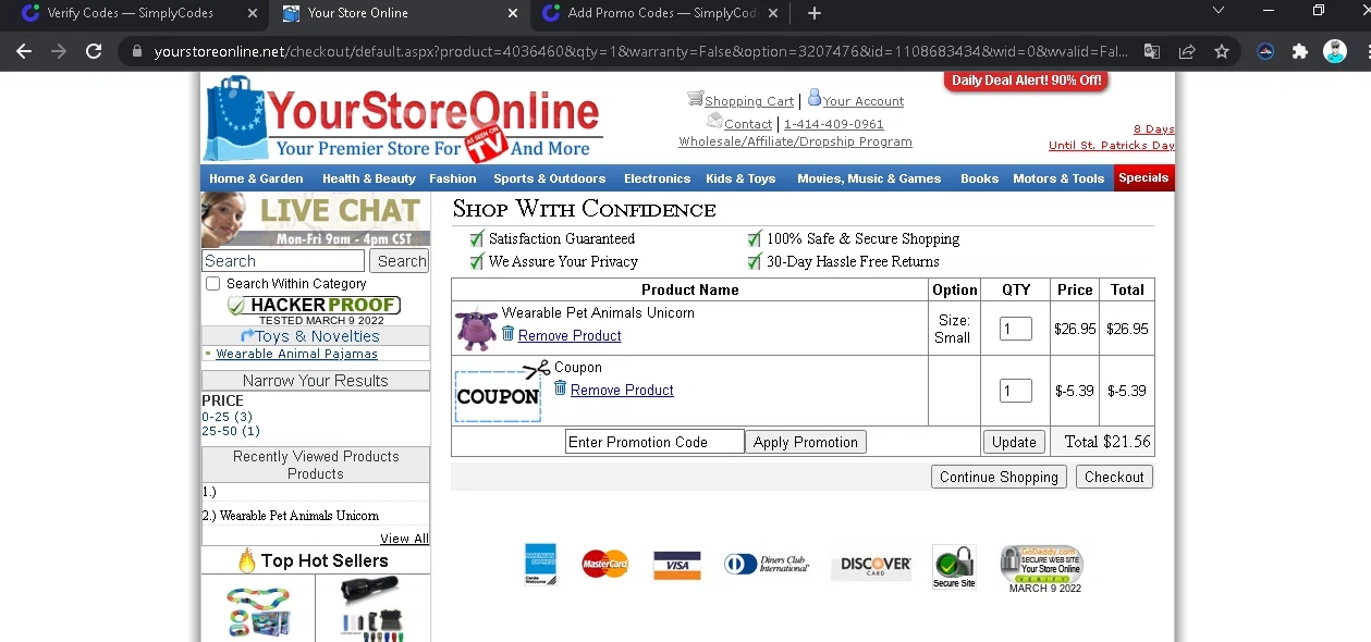 Your Store Online checkout page showing Your Store Online promo code box | Screenshot taken by SimplyCodes community member on Mar 9, 2022