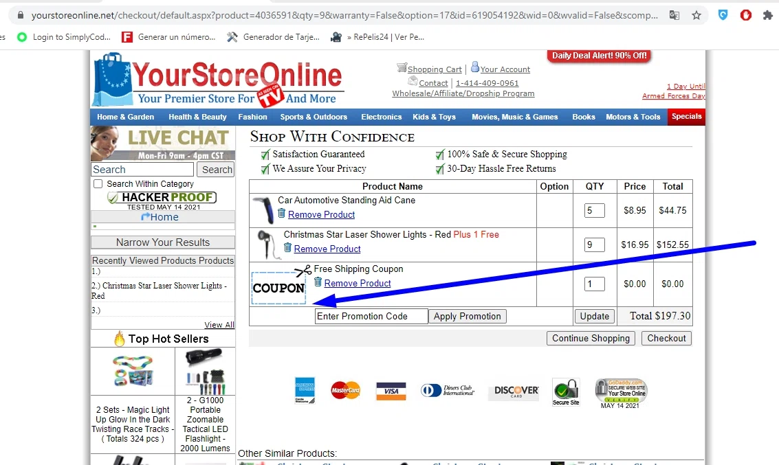 Your Store Online checkout page showing Your Store Online promo code box | Screenshot taken by SimplyCodes community member on May 14, 2021